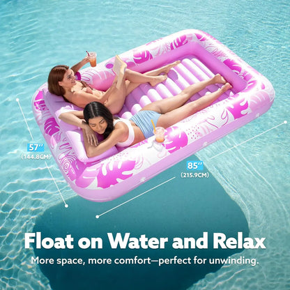 Inflatable Tanning Pool Lounge Float With Cup Holder, 70“X46”/85″ x 57″ Extra Large Pool Floats Adult with Pillow, 4 in 1 Suntan Tub Raft Floatie, Sunbathing Bed Lounge for Water Blow Up Kids Ball Pit Party Gifts, inflatable Sofa Pool