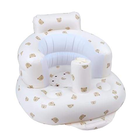 A suction-cupped inflatable baby seat suitable for babies aged 3 months and above, with an inbuilt air pump, for babies to sit on the floor.