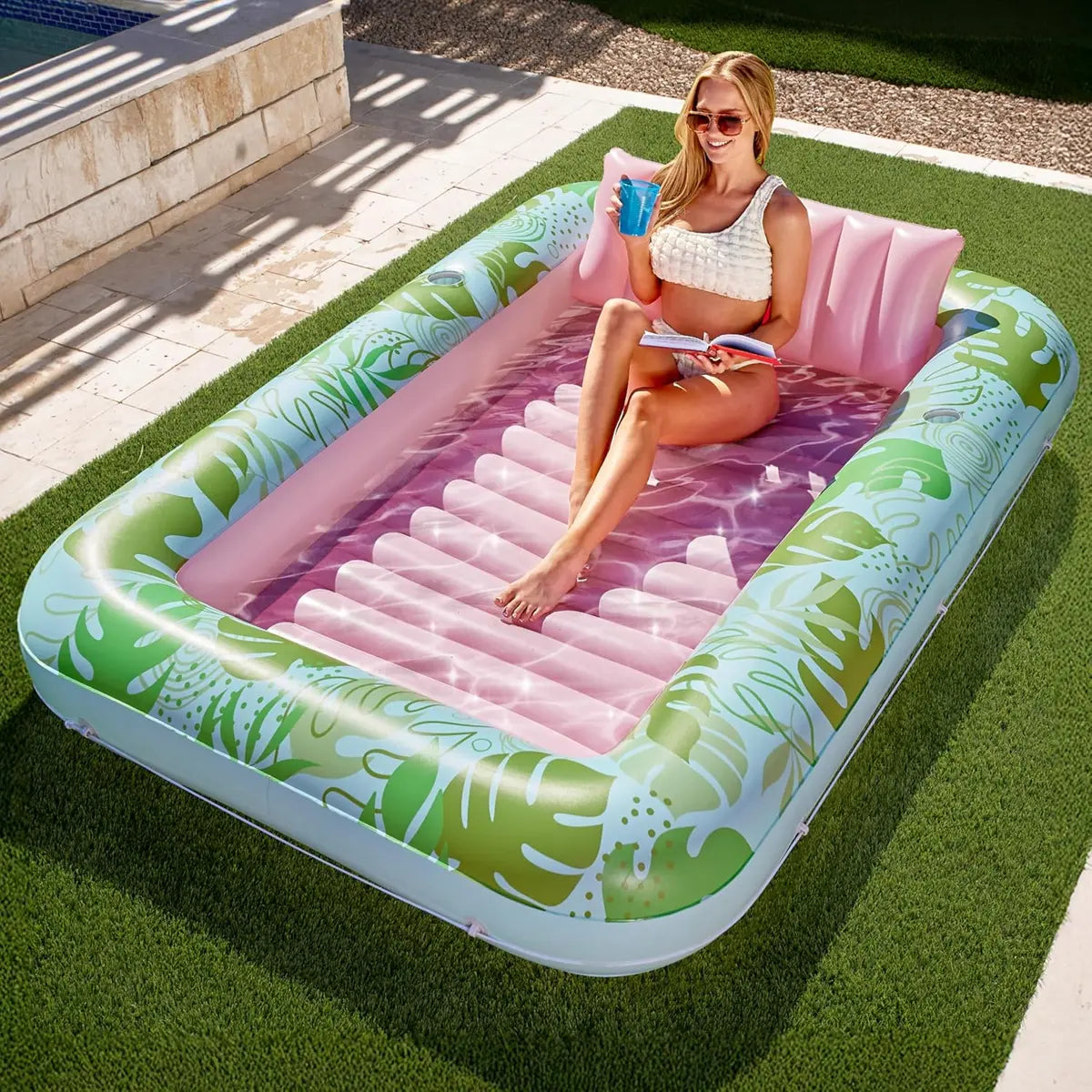 Inflatable Tanning Pool Lounge Float With Cup Holder, 70“X46”/85″ x 57″ Extra Large Pool Floats Adult with Pillow, 4 in 1 Suntan Tub Raft Floatie, Sunbathing Bed Lounge for Water Blow Up Kids Ball Pit Party Gifts, inflatable Sofa Pool