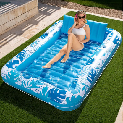 Inflatable Tanning Pool Lounge Float With Cup Holder, 70“X46”/85″ x 57″ Extra Large Pool Floats Adult with Pillow, 4 in 1 Suntan Tub Raft Floatie, Sunbathing Bed Lounge for Water Blow Up Kids Ball Pit Party Gifts, inflatable Sofa Pool