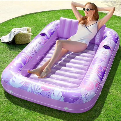 Inflatable Tanning Pool Lounge Float With Cup Holder, 70“X46”/85″ x 57″ Extra Large Pool Floats Adult with Pillow, 4 in 1 Suntan Tub Raft Floatie, Sunbathing Bed Lounge for Water Blow Up Kids Ball Pit Party Gifts, inflatable Sofa Pool