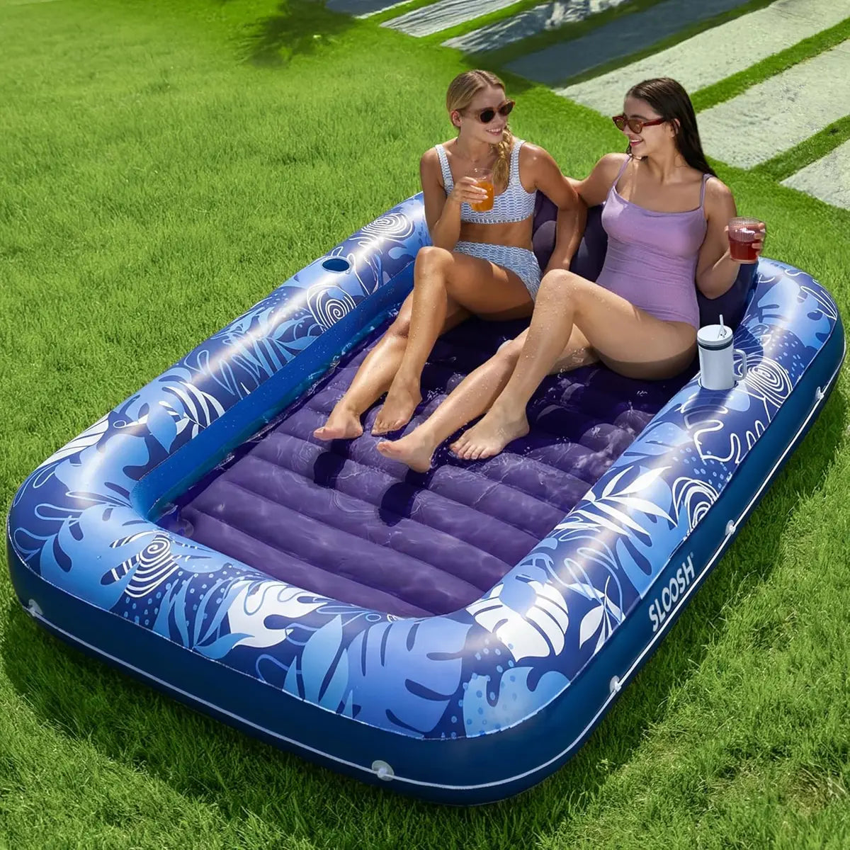 Inflatable Tanning Pool Lounge Float With Cup Holder, 70“X46”/85″ x 57″ Extra Large Pool Floats Adult with Pillow, 4 in 1 Suntan Tub Raft Floatie, Sunbathing Bed Lounge for Water Blow Up Kids Ball Pit Party Gifts, inflatable Sofa Pool